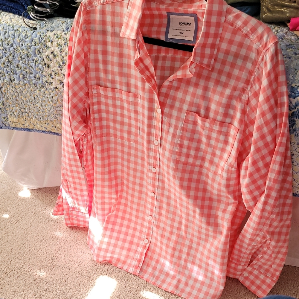 Sonoma Pink Gingham Button-Up Shirt 1X